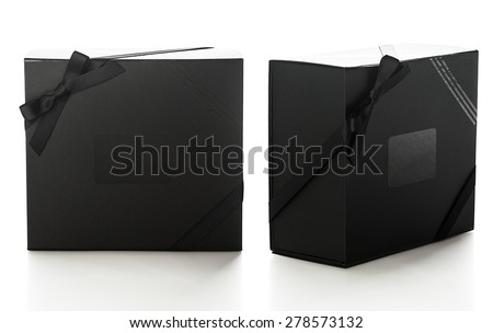 Elegant black gift box with ribbon. Two angle views, front and side. Luxury gifts.