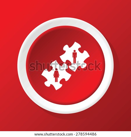 Round white icon with puzzle pieces with man and woman pictures, on red background