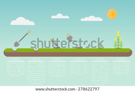Flat illustration how to growth a plant. Digging, seedling, watering and growth steps.