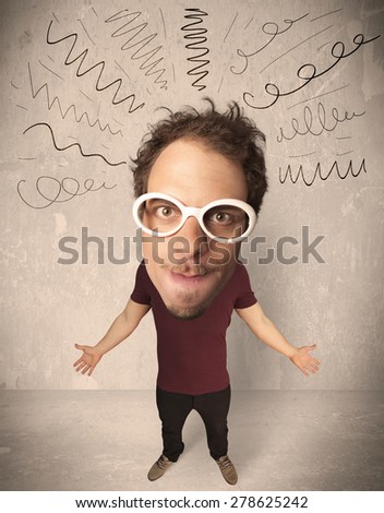 Funny guy with big head and drawn curly lines over it
