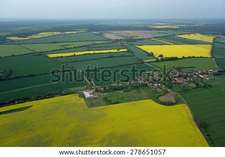 Aerial photo of rape fields in Brandenburg county, Germany, middle of May.