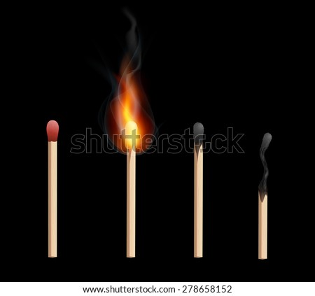 Realistic brand new, burning and burnt  match sticks on  black background. Vector illustration
