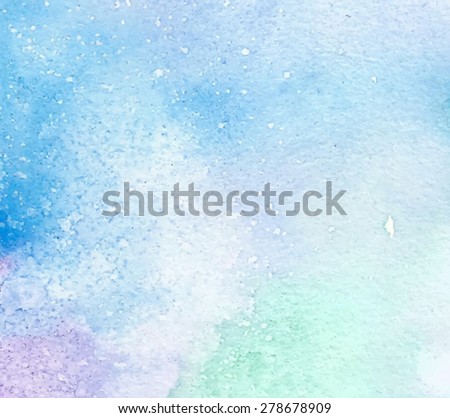 Pastel blue violet green white smudges background. Watercolor hand drawn colorful paper grain texture. Wet brush painted stains abstract vector illustration. Design card for banner, template, print