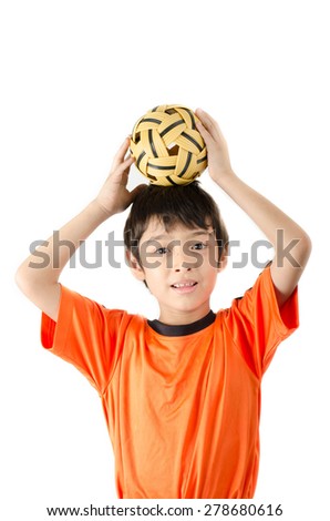 Little boy taking sepak takraw on white background