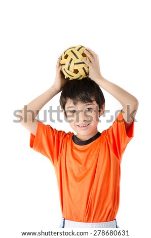 Little boy taking sepak takraw on white background