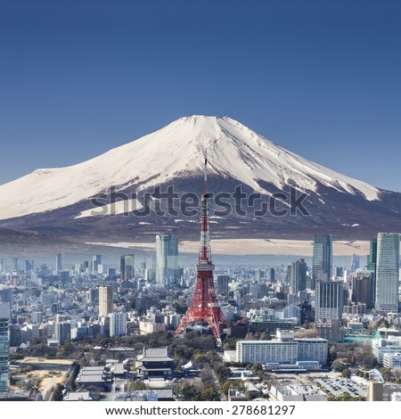 Tokyo tower with mountain Fuji background surreal shot.