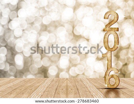 2016 year wood number in perspective room with sparkling bokeh wall and wooden plank floor Royalty-Free Stock Photo #278683460