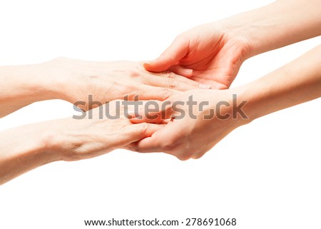 the hands of an old man with wrinkles . hands touch her daughter and mother. manifestation of tenderness and love.