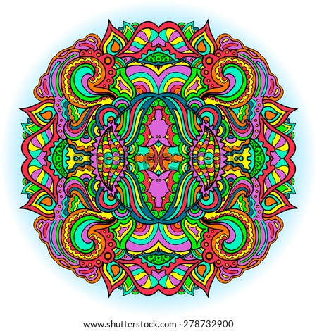 Abstract colorful frilly element. Ethnic element. Hand drawing doodle. Kaleidoscope psychedelic element. Circle mandala.