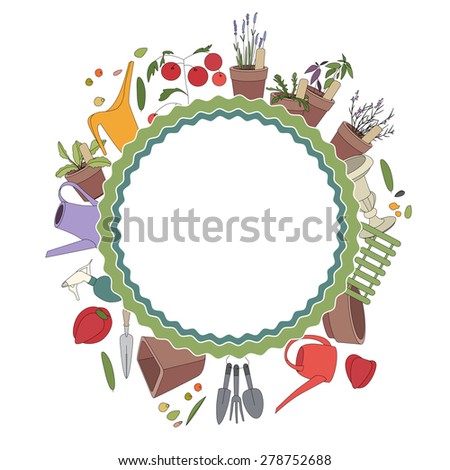 Round frame with gardening tools and plants. Herbs, vegetables and accessories for farming