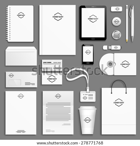 Corporate identity template set. Business stationery mock-up with logo. Branding design. Letter envelope, card, catalog, pen, pencil, badge, paper cup, notebook, tablet pc, mobile phone, letterhead Royalty-Free Stock Photo #278771768