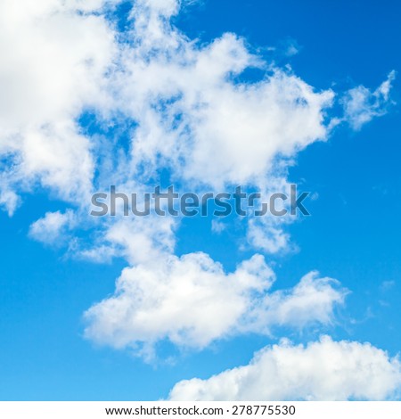 Square nature background photo, white clouds over blue sky