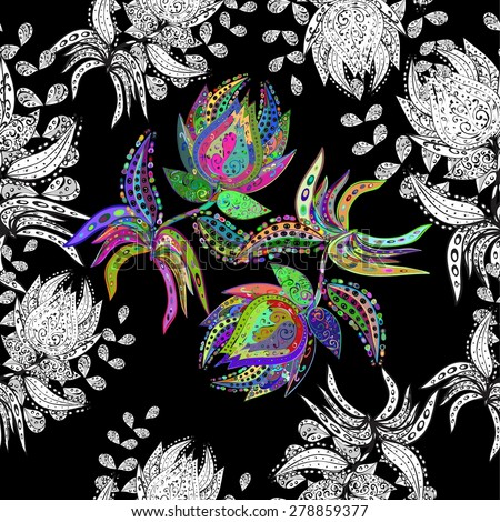 Seamless floral vivid pattern with colorful flowers on black. Vector illustration. 