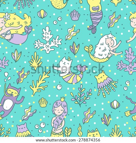 Seamless pattern with mermaids and cats. Tile vector background.