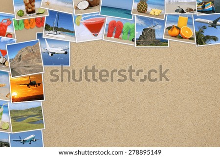 Photos from summer vacation, beach, traveling, holiday, drinks and copyspace on sand