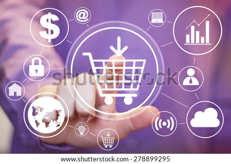 Businessman touch web button shopping cart icon set