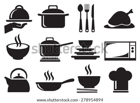 Black and white vector icons of kitchen utensils and equipment for cooking and food preparation isolated on white background.