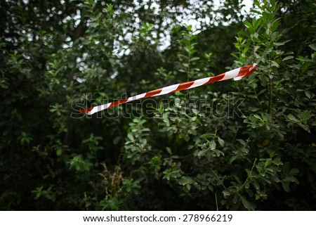 Colour picture of red and white tape in a bush