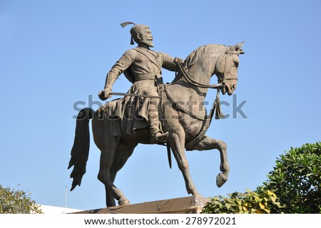 Statue of Shivaji Bhonsle also known as Chhatrapati Shivaji Maharaj, was an Indian warrior king and a member of the Bhonsle Maratha clan. Royalty-Free Stock Photo #278972021