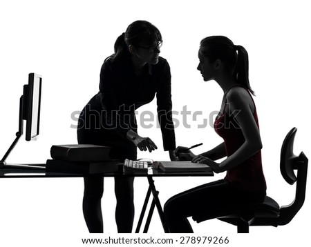 one  teacher woman mother teenager girl studying in silhouette studio isolated on white background