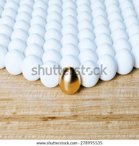 Conceptual picture of numbers of eggs with gold one on wooden background.