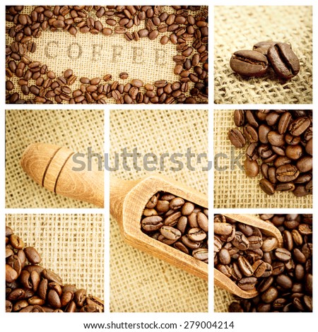 Wooden shovel full of coffee beans against various pictures representing coffee