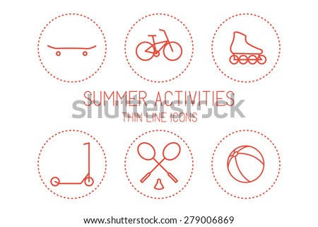 Bicycle, skateboard, roller skate, scooter, badminton, ball - devices for sport and recreation, silhouettes isolated on white background. Vector Illustration EPS10.