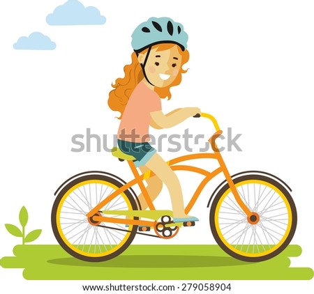 Happy little girl in helmet riding bikes isolated on white background in flat style