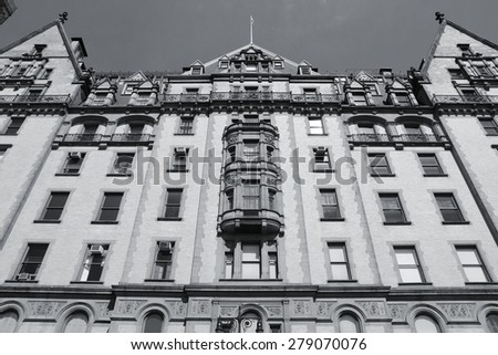 New York City, United States - old building in Midtown Manhattan. Dakota building. Black and white tone - retro monochrome color style. Royalty-Free Stock Photo #279070076
