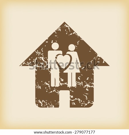Grungy brown icon with image of couple in house, on beige background