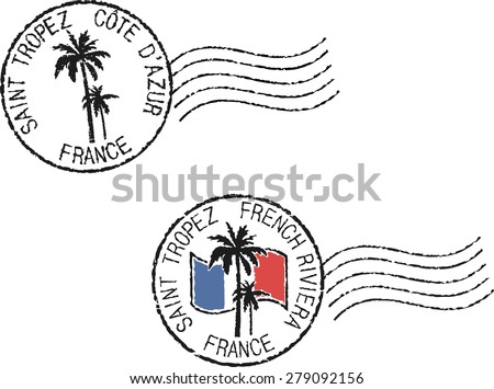 Two postal grunge stamps 'Saint Tropez'. French and english inscription.