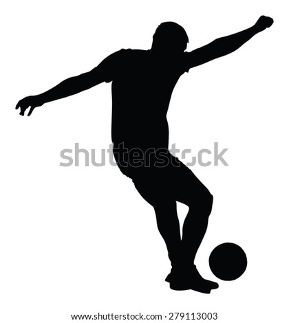 Soccer player silhouette vector isolated on white background. High detailed football player silhouette cutout outlines. Kicking a ball.
