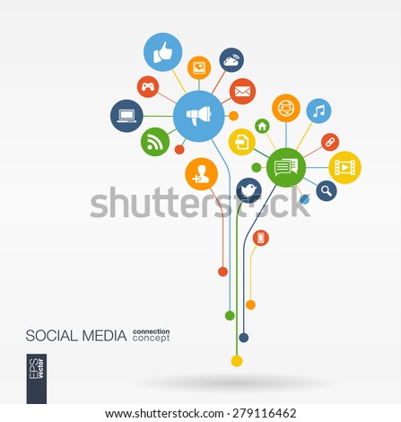Abstract social media background with lines, connected circles, integrated flat icons. Growth flower concept with network, computer, technology, speech bubble icon. Vector interactive illustration Royalty-Free Stock Photo #279116462