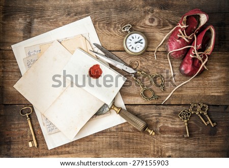 Antique office supplies and writing accessories. Nostalgic still life. Retro style toned picture