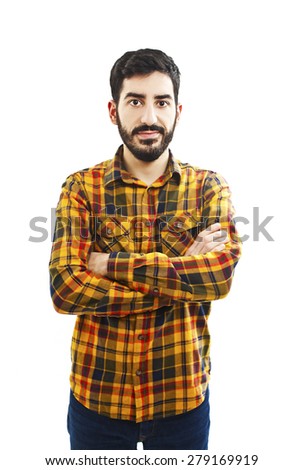 Casual portrait of happy university student guy standing with arms folded, laughing. Isolated on white background 