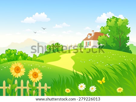 Vector illustration of a beautiful summer country scene with blooming flowers and cute home at nice sunny day
