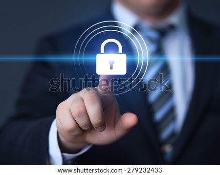 business, technology, internet and networking concept - businessman pressing security button on virtual screens
