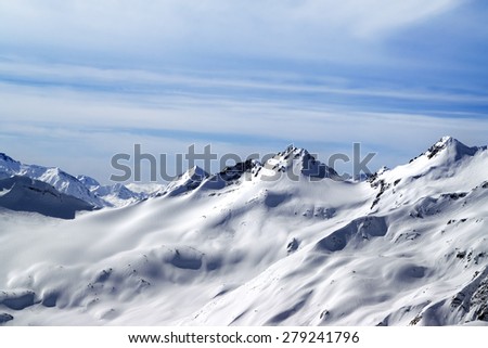 Snowy off-piste slopes. Caucasus Mountains. View from ski slope of Mount Elbrus.