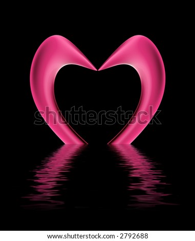 Pink swan sculpture on water with reflection - shape of a heart