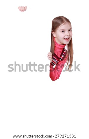 education and blank board concept - little girl with blank white board/little girl and white blank with empty space for text or picture