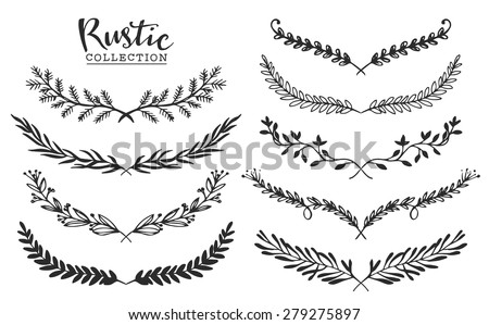 Vintage set of hand drawn rustic laurels. Floral vector graphic. Nature design elements.