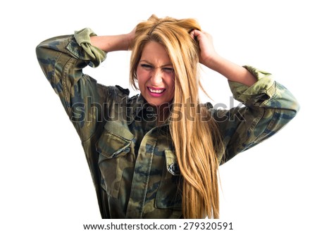 frustrated military woman over white background 