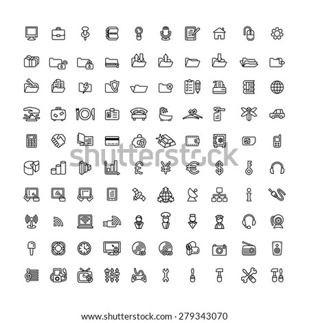 one hundred black outline computer icons isolated on white