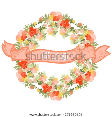 Elegant wreath with decorative ranunculus flowers, design element. Can be used for wedding, baby shower, mothers day, valentines day, birthday cards, invitations. Vintage decorative flowers.
