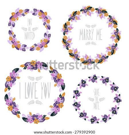 Elegant floral frames with pansy flowers, design elements. Can be used for wedding, baby shower, mothers day, valentines day, birthday cards, invitations. Vintage decorative flowers.