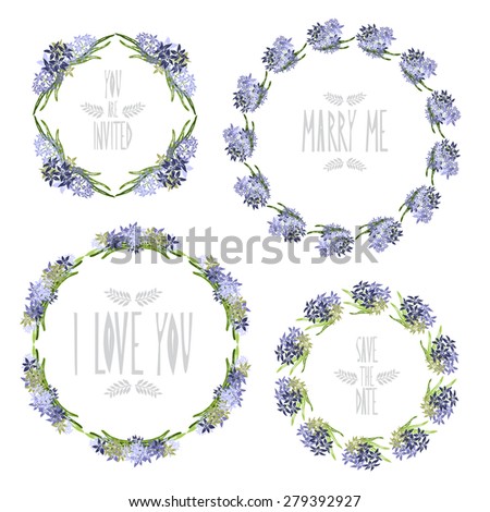 Elegant floral frames with hyacinth flowers, design elements. Can be used for wedding, baby shower, mothers day, valentines day, birthday cards, invitations. Vintage decorative flowers.