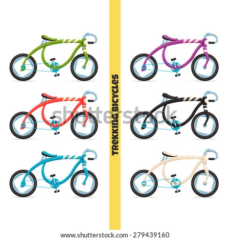 a set of concepts trekking bike in different colors on a white background
