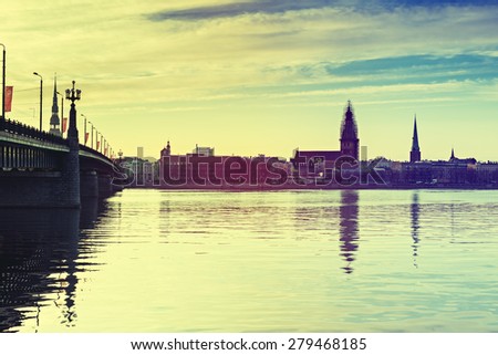 View on old Riga city from embankment of the Daugava river