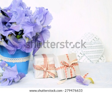 bouquet of flowers and a gift, background for text