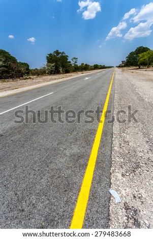 Endless road in Namibia, Caprivi Game Park, with blue sky